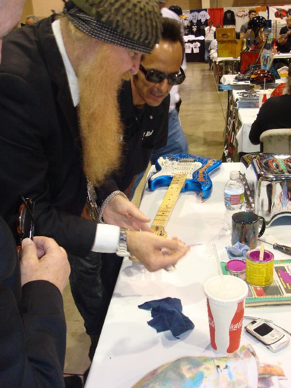 Von Hot Rod with Billy Gibbons showing Billy the Von Hot Rod pinstriping