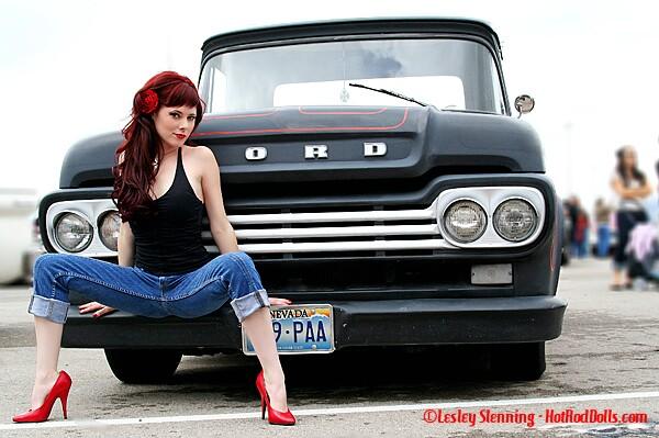 Pinup model Candace Campbell with vintage Ford Pickup