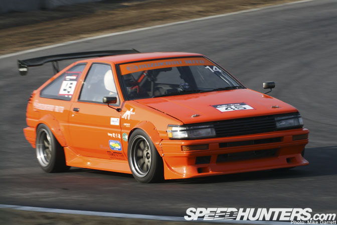 Orange track attack AE86 Corolla GTS at Tsukuba Circuit A 1980 s Corolla