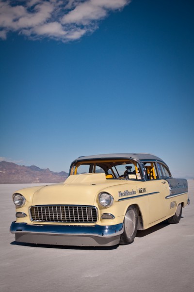 Bomber shot of this 1955 Chevy at the Bonneville Salt Flats Bomber shot of this 1955 Chevy at the Bonneville Salt Flats