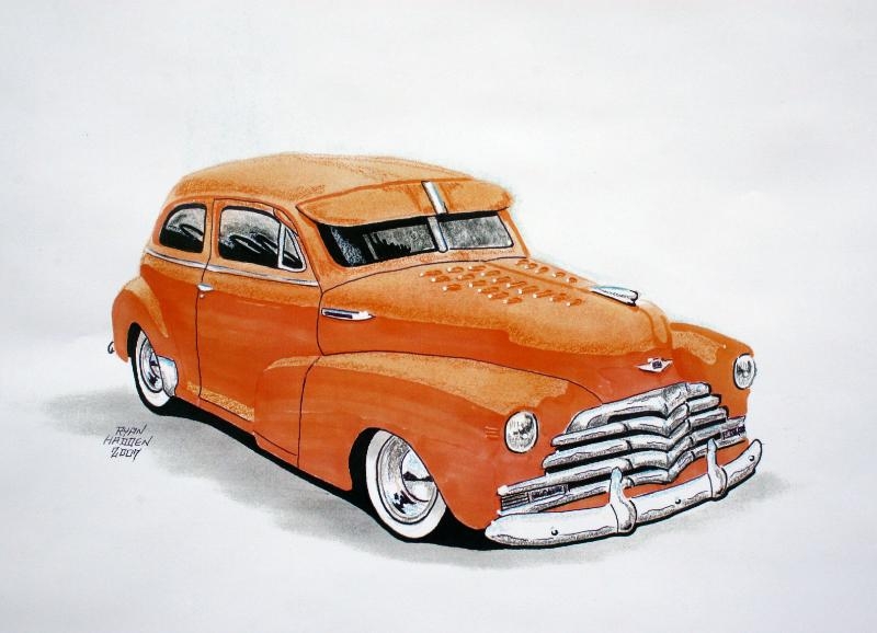 1947 Orange Chevy custom hot rod car drawing Sweet