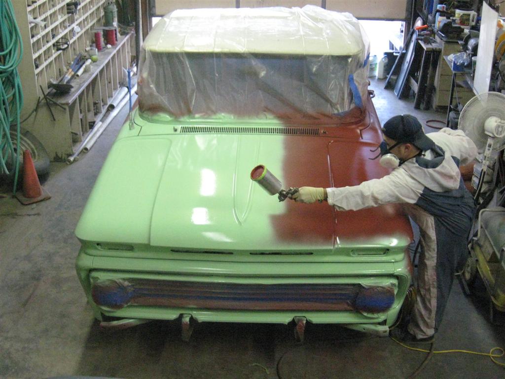 US Forest Service green paint gets sprayed on Andy's Shop Truck