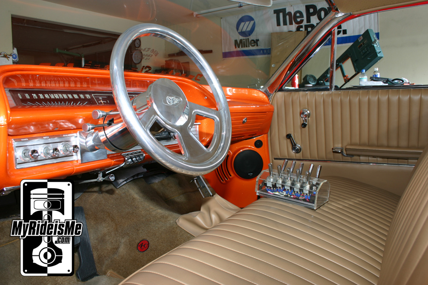 custom kickpanels, vinyl interior, switch panel, billet steering wheel, flaked dash, custom interior, Impala Wagon, hot rod