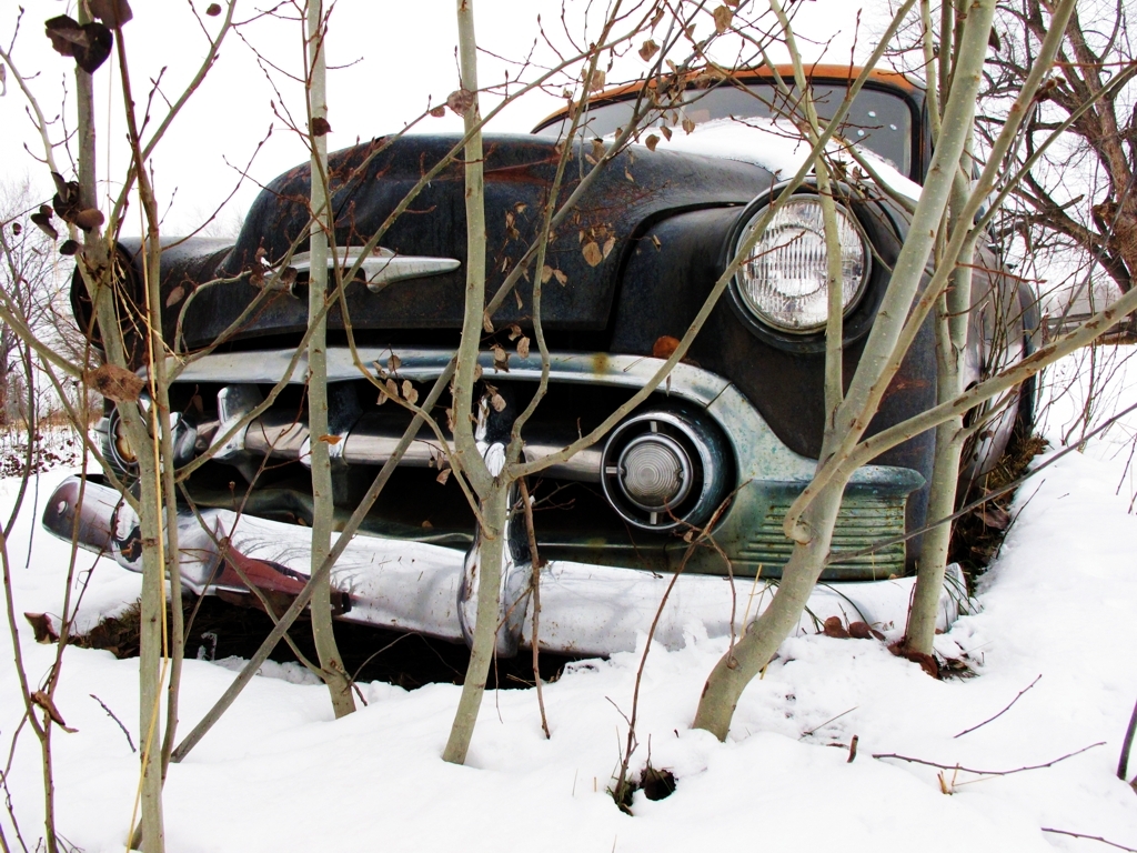 1953 Chevy Old Car in Snow, 1953 chevy, junkyard car, winter, photography
