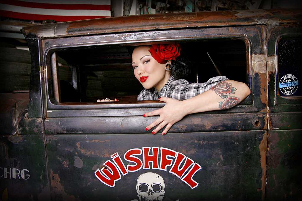 Cara Mia Hot Rod Pin Up in Ride Hot Rod Pin Up Girl Tattooed rat rod tattoos