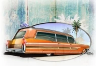 
In an age of re-purposing everything, I thought "why not make it fun"? And viola... a '63 Cadillac Miller-Meteor hearse in full surf wagon livery. The sliding rag top insert lets some sun shine in, and the whole thing is really an "out-of-the-box" idea, if you will.
Pencil drawing scanned, color blocking, fine tuning in Illustrator, texture added, output, and detailing with airbrush, pen and ink.